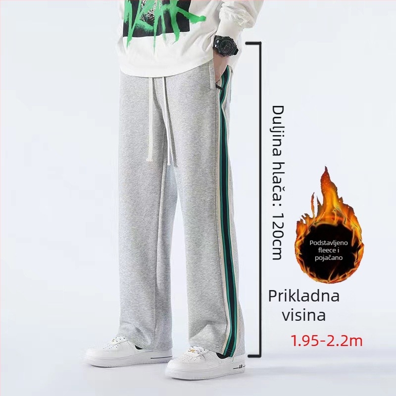 Casual sports hlače za tinejdžere s fleece materijalom, pamut-mješavina, prugasti uzorak, srednji pojas, pojas i vezivanje za zatvaranje, opušten kroj, zimska sezona