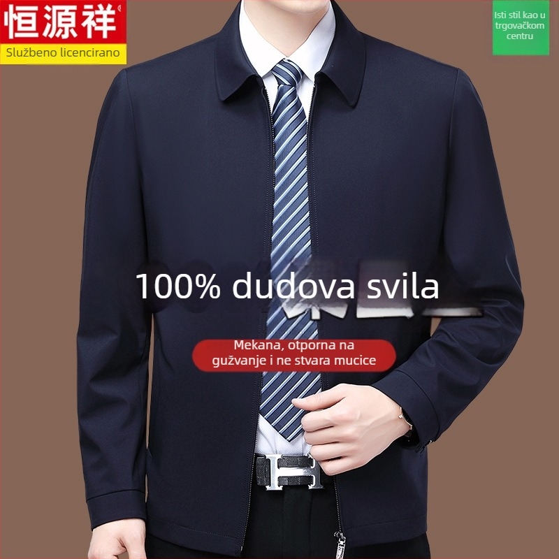 Muška jakna od 100% mulberry svile za proljeće i jesen, kapuljača, bez ovratnika, slobodan kroj, zatvarač, jednobojna, bočne džepove