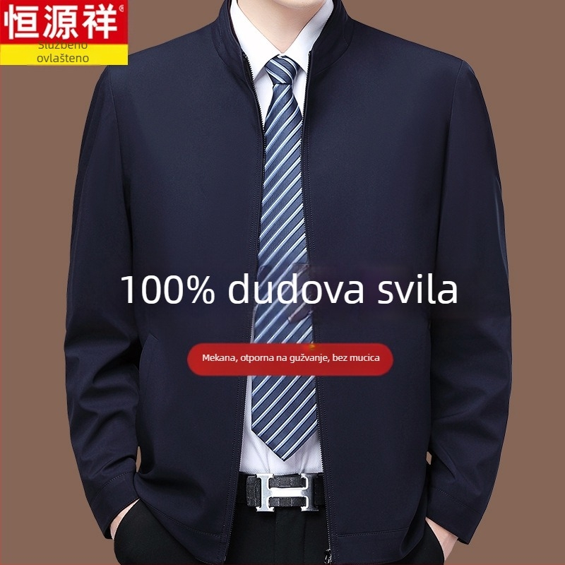 Muška jakna od 100% mulberry svile za proljeće i jesen, kapuljača, bez ovratnika, slobodan kroj, zatvarač, jednobojna, bočne džepove