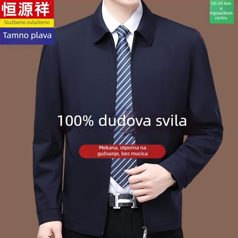 Muška jakna od 100% mulberry svile za proljeće i jesen, kapuljača, bez ovratnika, slobodan kroj, zatvarač, jednobojna, bočne džepove