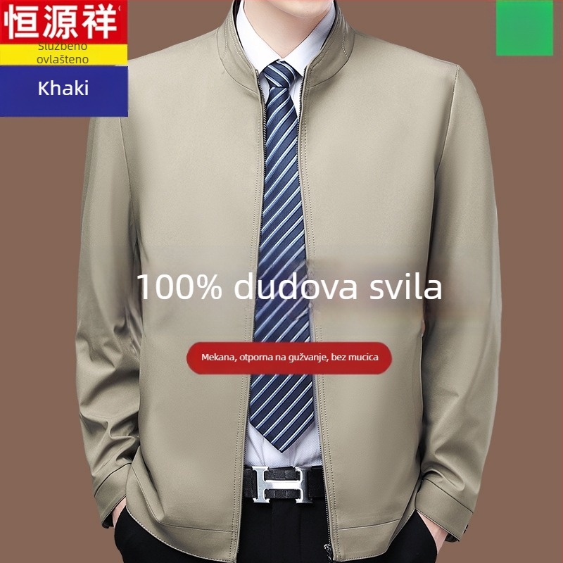 Muška jakna od 100% mulberry svile za proljeće i jesen, kapuljača, bez ovratnika, slobodan kroj, zatvarač, jednobojna, bočne džepove