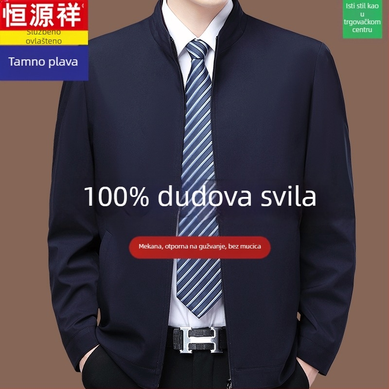 Muška jakna od 100% mulberry svile za proljeće i jesen, kapuljača, bez ovratnika, slobodan kroj, zatvarač, jednobojna, bočne džepove