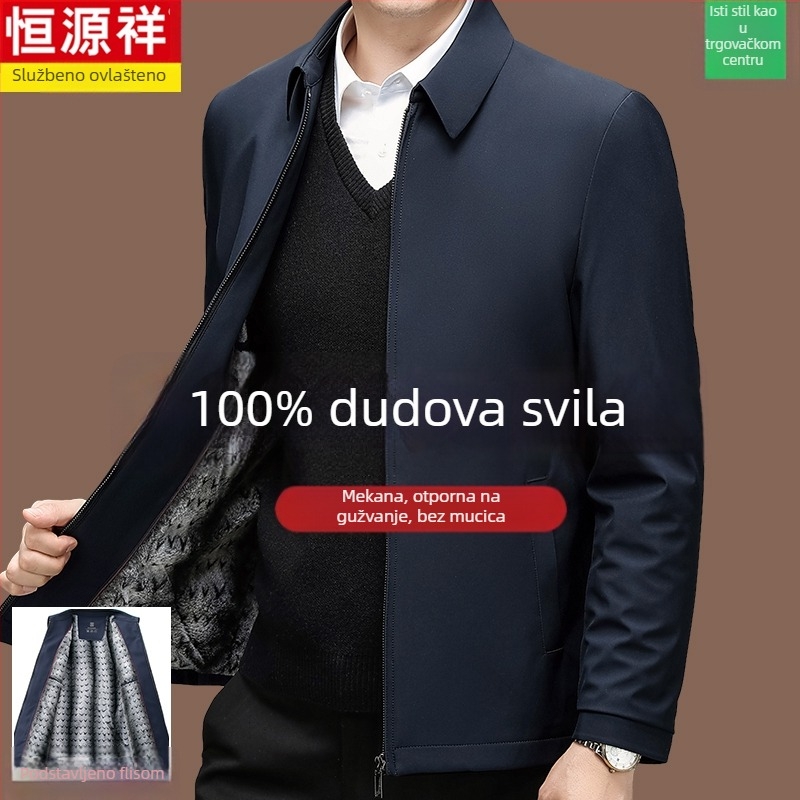 Muška jakna od 100% mulberry svile za proljeće i jesen, kapuljača, bez ovratnika, slobodan kroj, zatvarač, jednobojna, bočne džepove