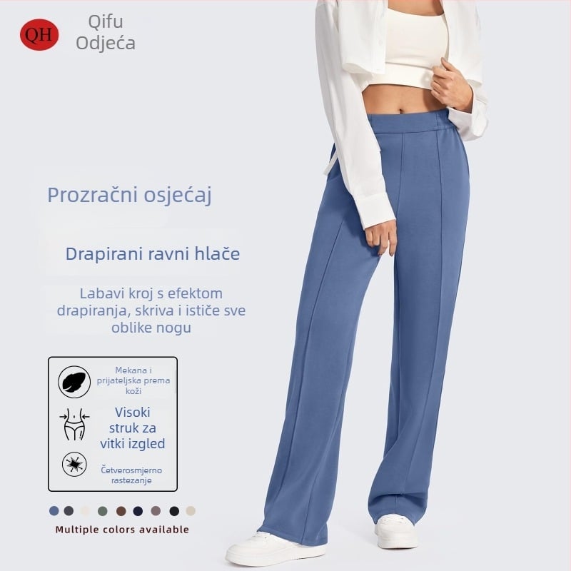 Ženske crne hlače s visokim strukom i ravnim krojem, s džepovima, elastičnim pojasom, drapiran izgled