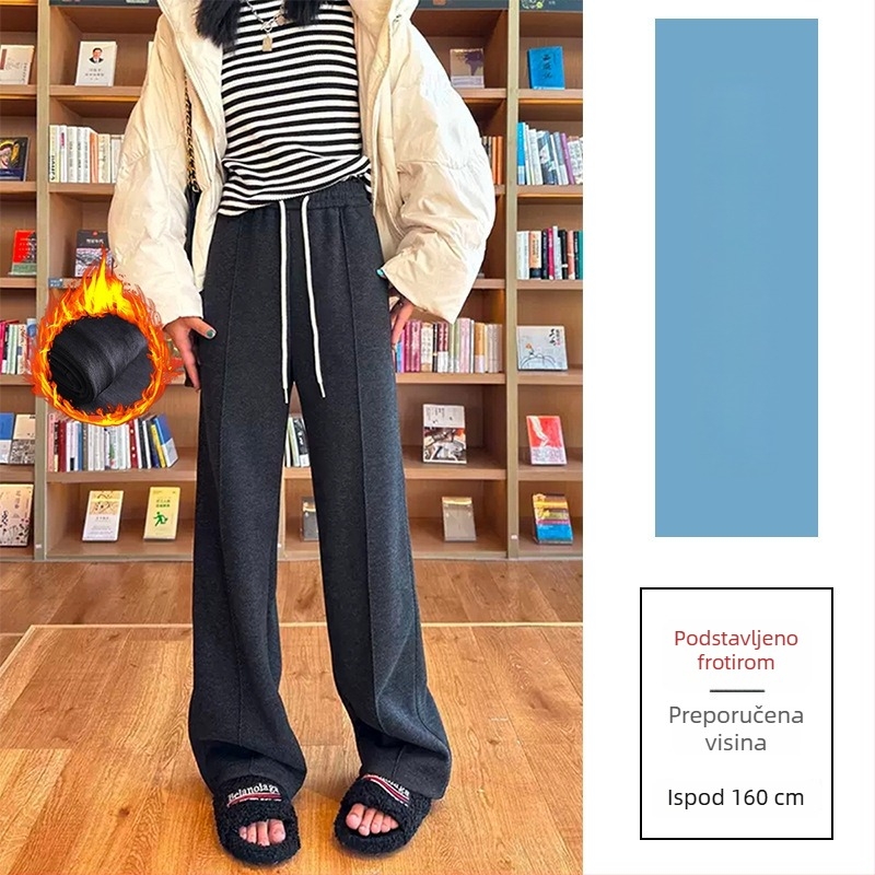 Široke vunene hlače s visokim strukom, podstavljene flisom, casual japansko-korejski stil