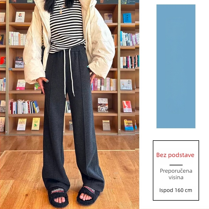 Široke vunene hlače s visokim strukom, podstavljene flisom, casual japansko-korejski stil