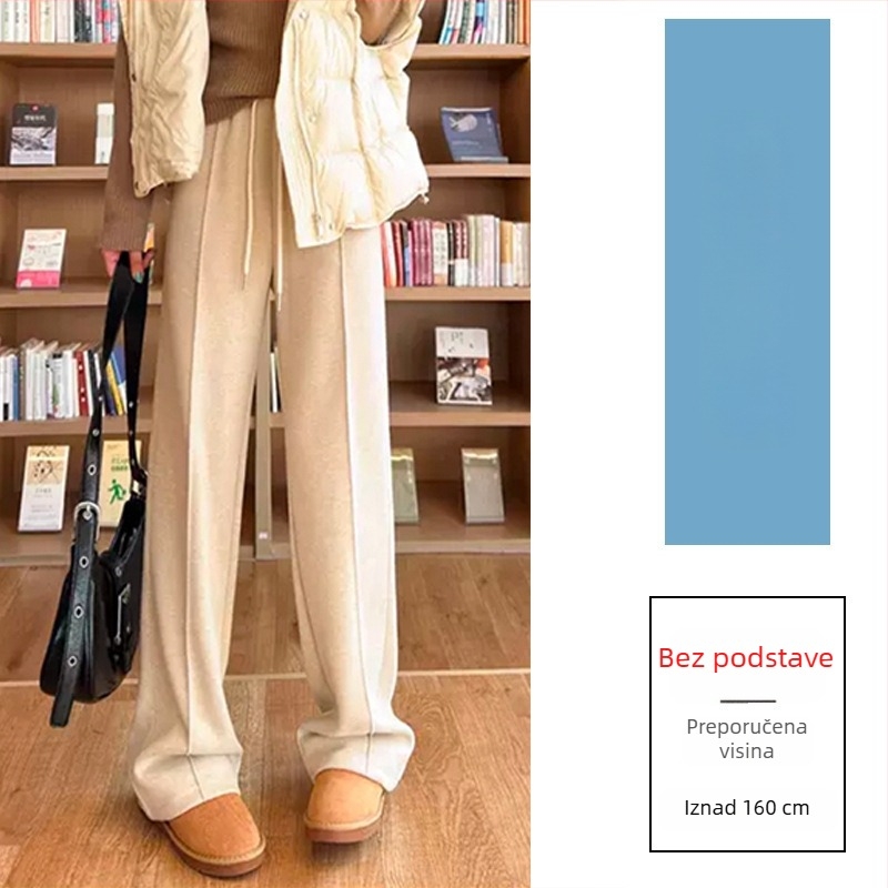Široke vunene hlače s visokim strukom, podstavljene flisom, casual japansko-korejski stil