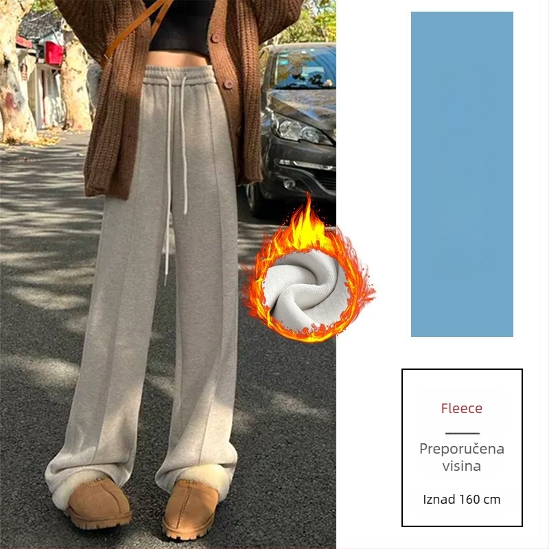 Široke vunene hlače s visokim strukom, podstavljene flisom, casual japansko-korejski stil