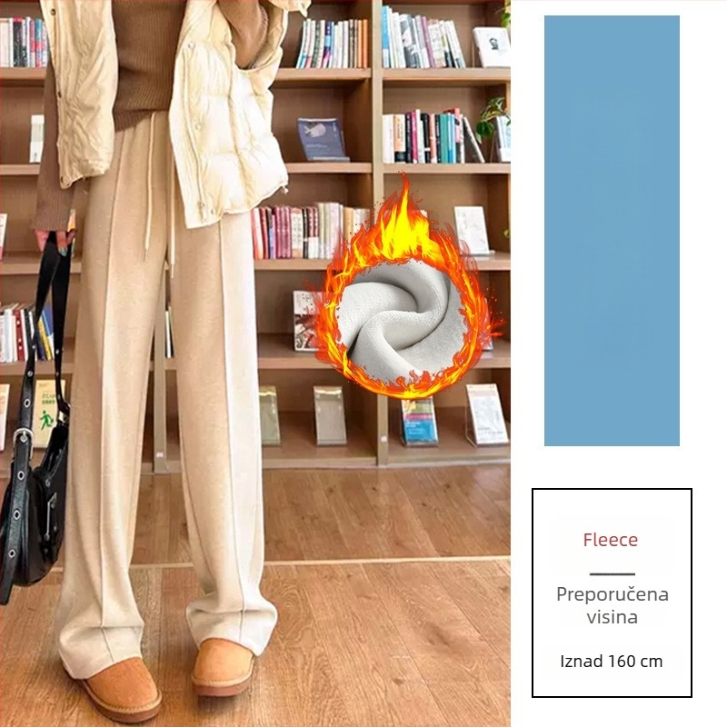 Široke vunene hlače s visokim strukom, podstavljene flisom, casual japansko-korejski stil