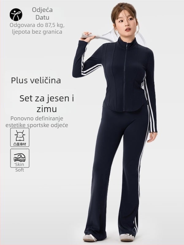 Plus-size ženski sportski komplet - dva dijela, gornji dio s dugim rukavima u kardiganski stilu i široke hlače, materijal 80% najlon, 20% spandex, jesen-zima 2025, za jogu i pilates
