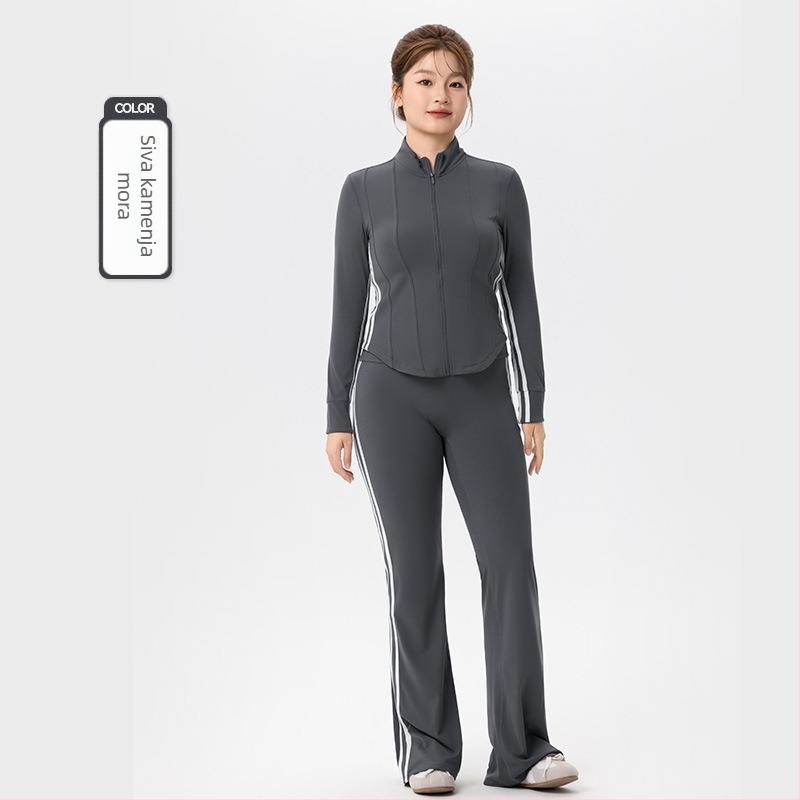 Plus-size ženski sportski komplet - dva dijela, gornji dio s dugim rukavima u kardiganski stilu i široke hlače, materijal 80% najlon, 20% spandex, jesen-zima 2025, za jogu i pilates