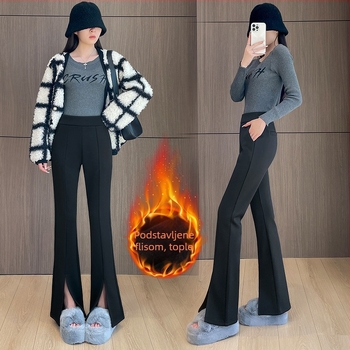 Crne ženske hlače s visokim strukom, fleec podstava za jesen-zimu, debele, casual, plus size