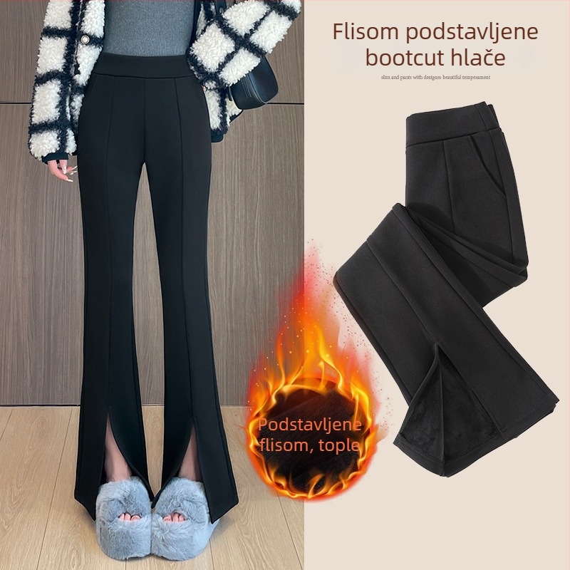 Crne ženske hlače s visokim strukom, fleec podstava za jesen-zimu, debele, casual, plus size