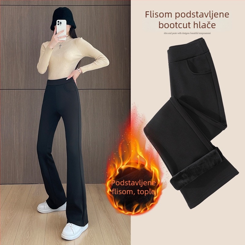 Crne ženske hlače s visokim strukom, fleec podstava za jesen-zimu, debele, casual, plus size