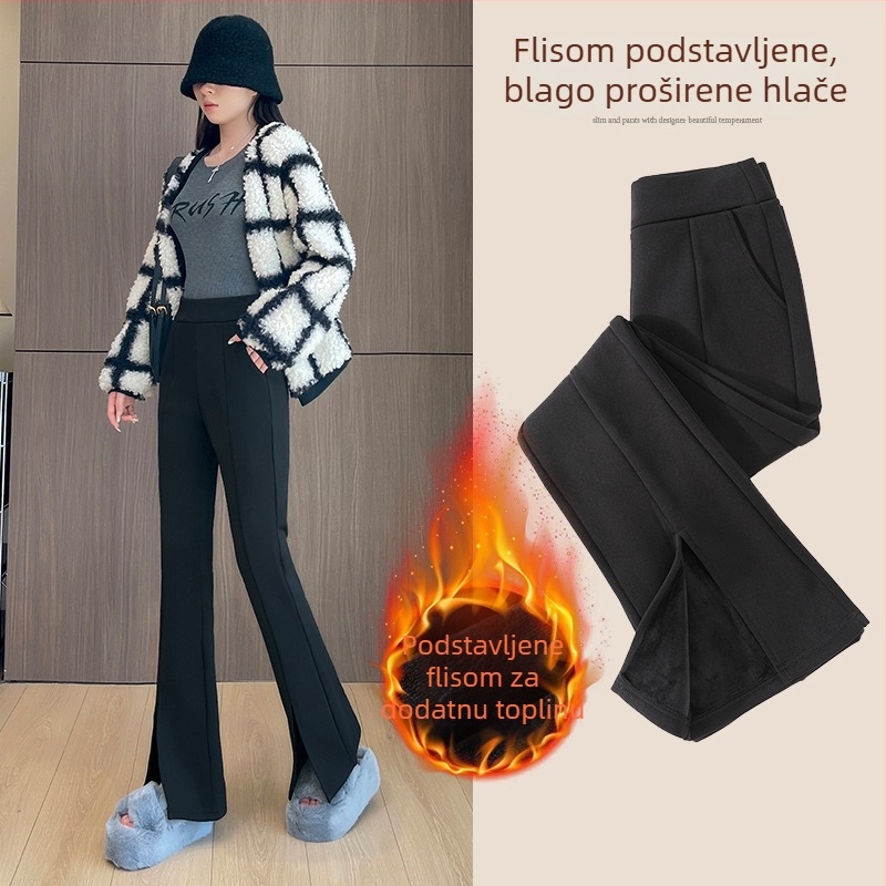 Crne ženske hlače s visokim strukom, fleec podstava za jesen-zimu, debele, casual, plus size
