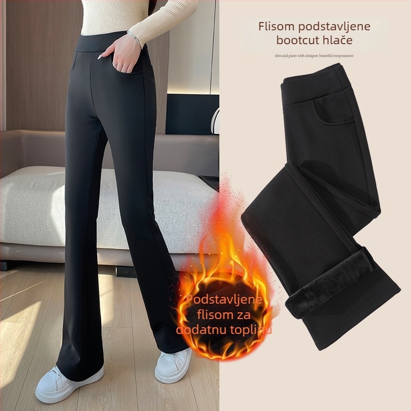 Crne ženske hlače s visokim strukom, fleec podstava za jesen-zimu, debele, casual, plus size