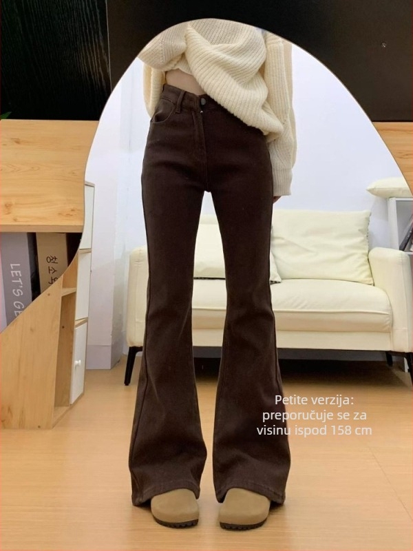 Ženske traperice s flis unutarnjom podstavom, debele, kave boje, američki stil, zima, plus veličina, visokim strukom, pokrivaju bokove, elastične, bootcut kroj