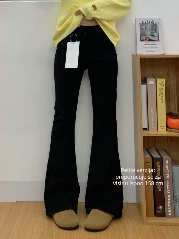 Ženske traperice s flis unutarnjom podstavom, debele, kave boje, američki stil, zima, plus veličina, visokim strukom, pokrivaju bokove, elastične, bootcut kroj