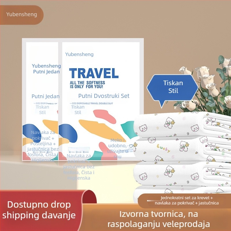 Jednokratni putnički hotelski set posteljine: plahta, navlaka za pokrivač, jastučnica – 4-djelni set; Materijal: netkano vlakno; Marka: Royal Color; Rok trajanja: 360 dana