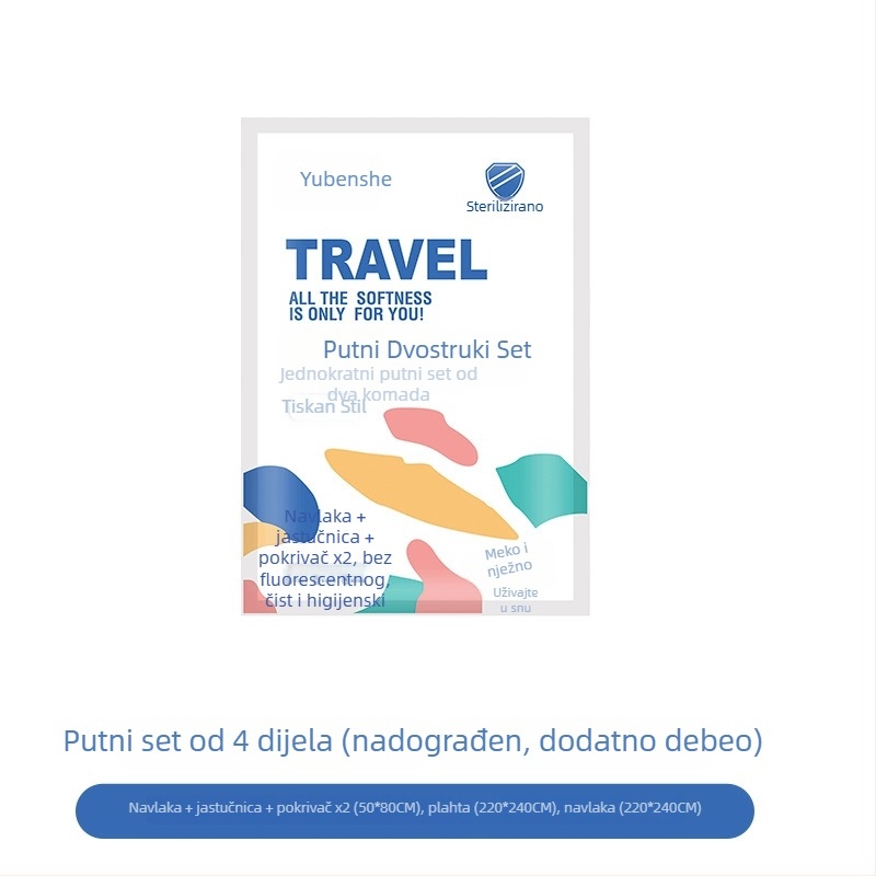 Jednokratni putnički hotelski set posteljine: plahta, navlaka za pokrivač, jastučnica – 4-djelni set; Materijal: netkano vlakno; Marka: Royal Color; Rok trajanja: 360 dana