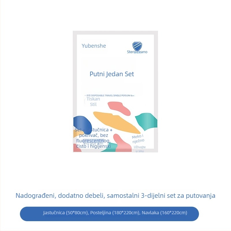 Jednokratni putnički hotelski set posteljine: plahta, navlaka za pokrivač, jastučnica – 4-djelni set; Materijal: netkano vlakno; Marka: Royal Color; Rok trajanja: 360 dana