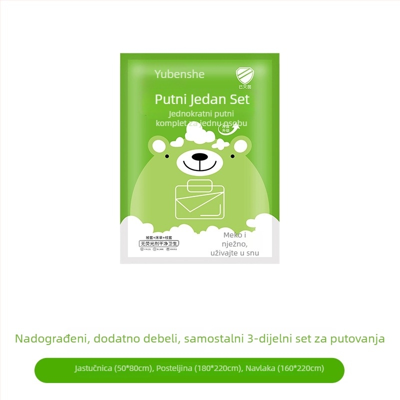 Jednokratni putnički hotelski set posteljine: plahta, navlaka za pokrivač, jastučnica – 4-djelni set; Materijal: netkano vlakno; Marka: Royal Color; Rok trajanja: 360 dana