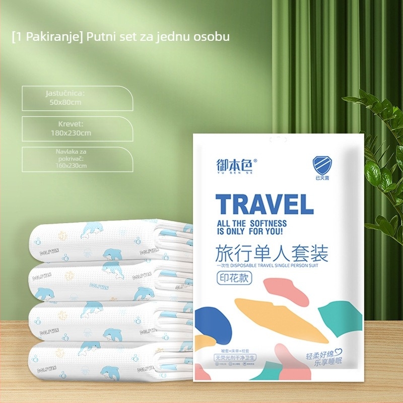 Jednokratni putnički hotelski set posteljine: plahta, navlaka za pokrivač, jastučnica – 4-djelni set; Materijal: netkano vlakno; Marka: Royal Color; Rok trajanja: 360 dana