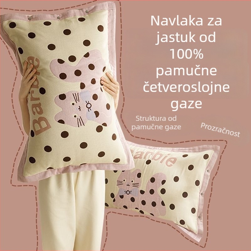 Navlaka za jastuk od 100% pamuka gaze, par, karikativni dizajn, upijajuća i prozračna, pamuk-lan smjesa, kopča na gumbe, navlaka za jastuk i poklopac jezgre