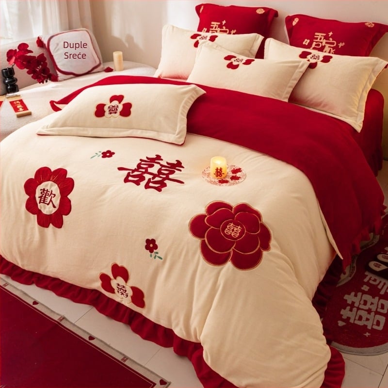 Set posteljine od četiri dijela (mliječnog velura; geometrijski uzorak; kineski svatbeni stil; twill tkanina; reaktivno ispisivanje i bojenje)