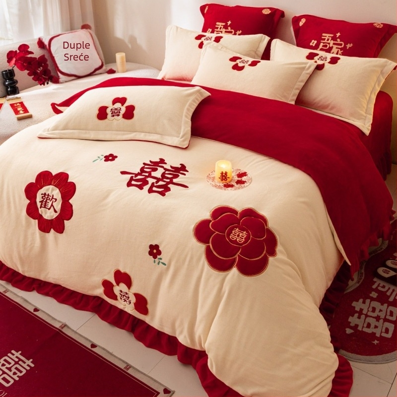 Set posteljine od četiri dijela (mliječnog velura; geometrijski uzorak; kineski svatbeni stil; twill tkanina; reaktivno ispisivanje i bojenje)