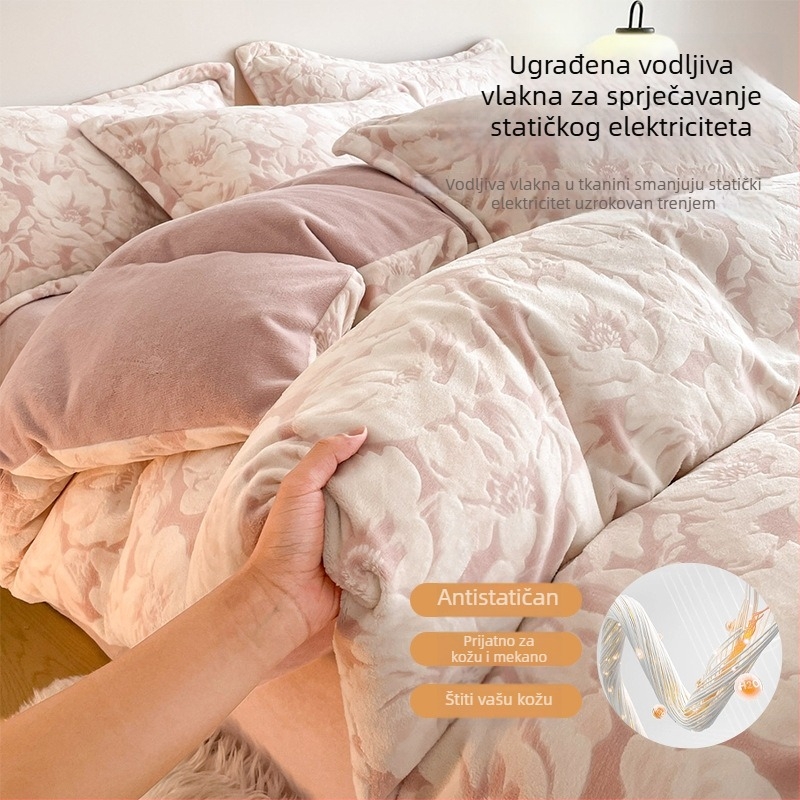 Četverodijelni set posteljine od mliječnog velura s 3D reljefom, debeli fleec oblog za toplu zimu