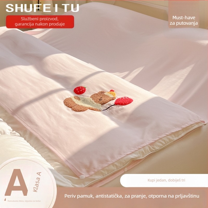 Putni set posteljine: četiri dijela, plahte i navlaka za pokrivač, poliester twill, reaktivna štampa i bojenje, karikaturan uzorak, premium proizvod