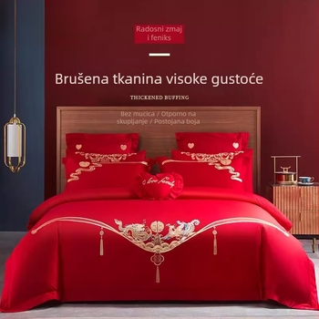 Crveno izvezeni svadbeni četverodjelni set posteljine s prugastim uzorkom