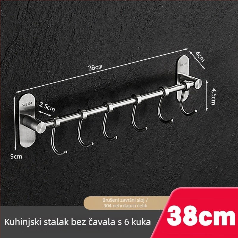 Zidni nosač za kuhinju s kukicama, od nehrđajućeg čelika 304, brušeni završni sloj, moderan minimalistički stil, težina 412 g