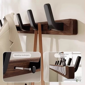 Nosič za kapute od čvrstog drveta, zidni, jednostruka kuka, lagani luksuzan stil; materijali: čvrsto drvo i plast; nosivost do 10 kg; montaža bušenjem