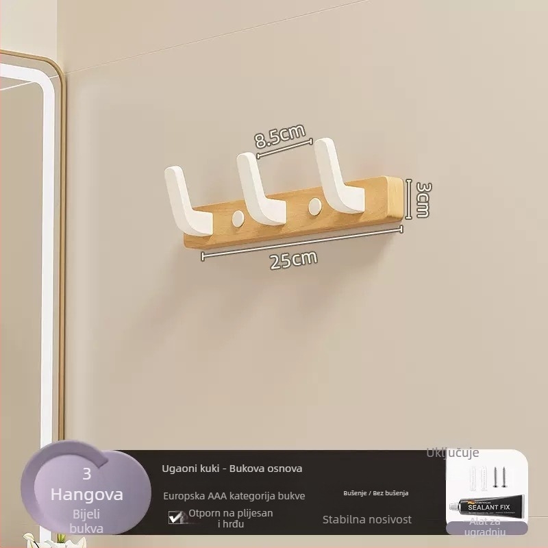 Nosič za kapute od čvrstog drveta, zidni, jednostruka kuka, lagani luksuzan stil; materijali: čvrsto drvo i plast; nosivost do 10 kg; montaža bušenjem