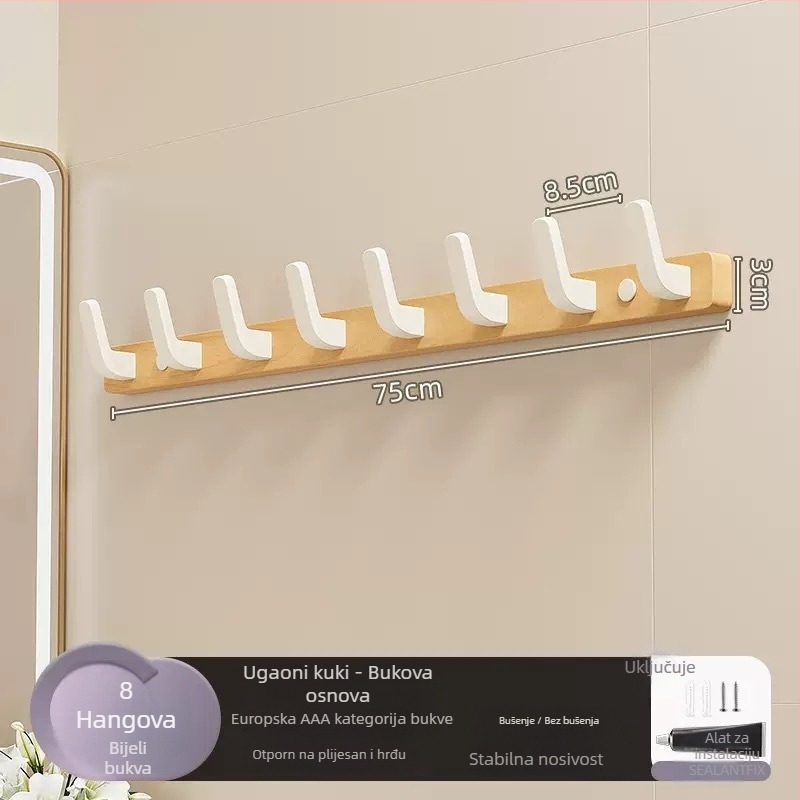 Nosič za kapute od čvrstog drveta, zidni, jednostruka kuka, lagani luksuzan stil; materijali: čvrsto drvo i plast; nosivost do 10 kg; montaža bušenjem