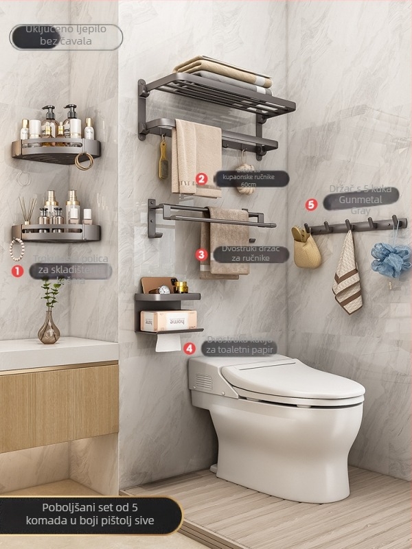 Dvoslojni zidni držač ručnika od kosmičkog aluminija, bez bušenja, gunmetal siva, kupaonica
