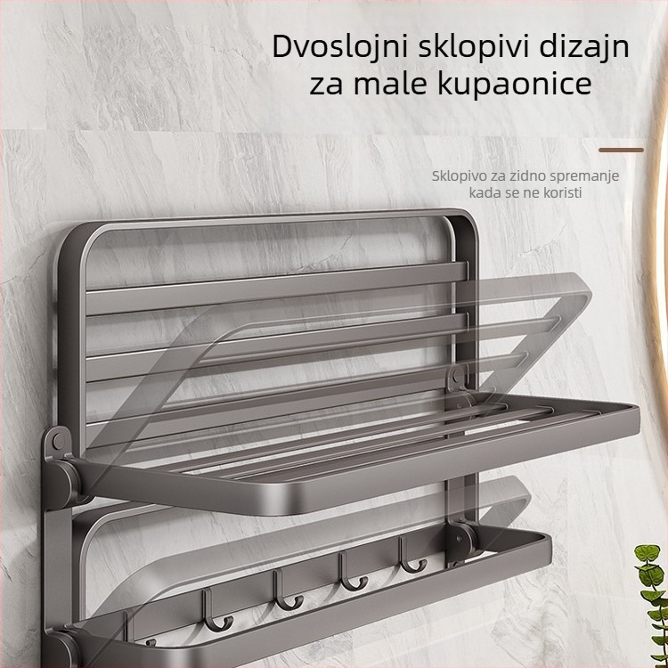 Dvoslojni zidni držač ručnika od kosmičkog aluminija, bez bušenja, gunmetal siva, kupaonica