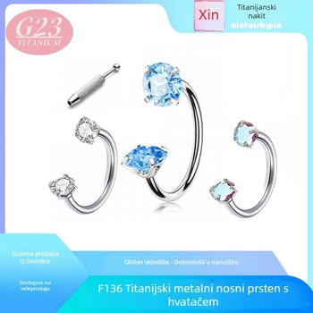 Nosni prsten od titanijeve legure – potkovasti štap, dvostrani, unutarnji navoj, ugravirani cirkon, čistoća G23