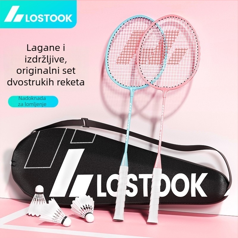 Badminton reketa – dvostruki set s okvirom od željezne zlitine, najlon žice, težina 95–100 g, pjena ručka, izravni udar