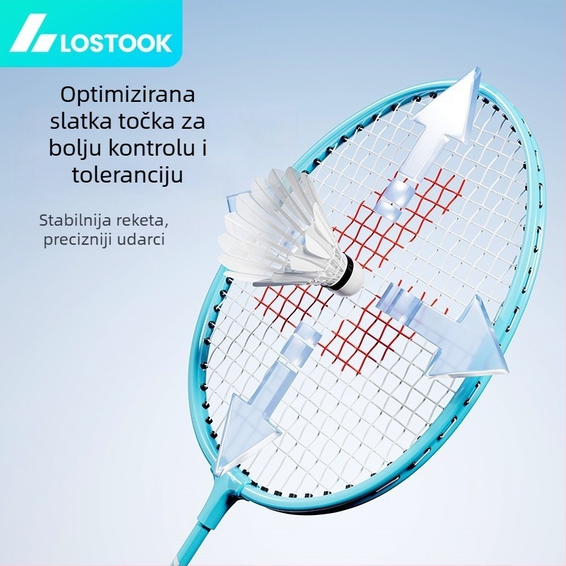Badminton reketa – dvostruki set s okvirom od željezne zlitine, najlon žice, težina 95–100 g, pjena ručka, izravni udar