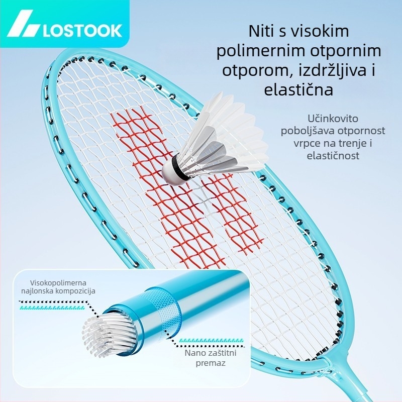Badminton reketa – dvostruki set s okvirom od željezne zlitine, najlon žice, težina 95–100 g, pjena ručka, izravni udar