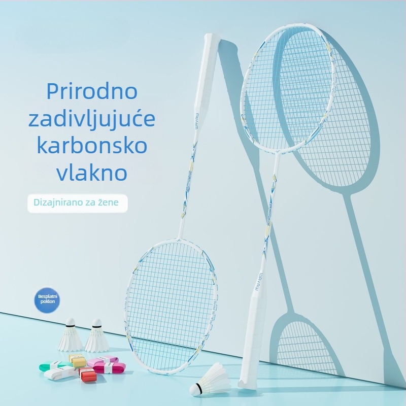 Set badminton reketa s karbonskim vlaknima, ultra lagan, 95–100 g, srednja tvrdoća, najlon strune