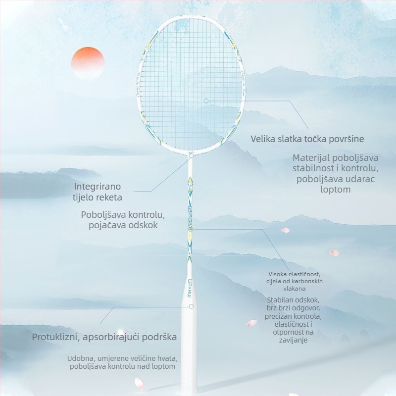 Set badminton reketa s karbonskim vlaknima, ultra lagan, 95–100 g, srednja tvrdoća, najlon strune