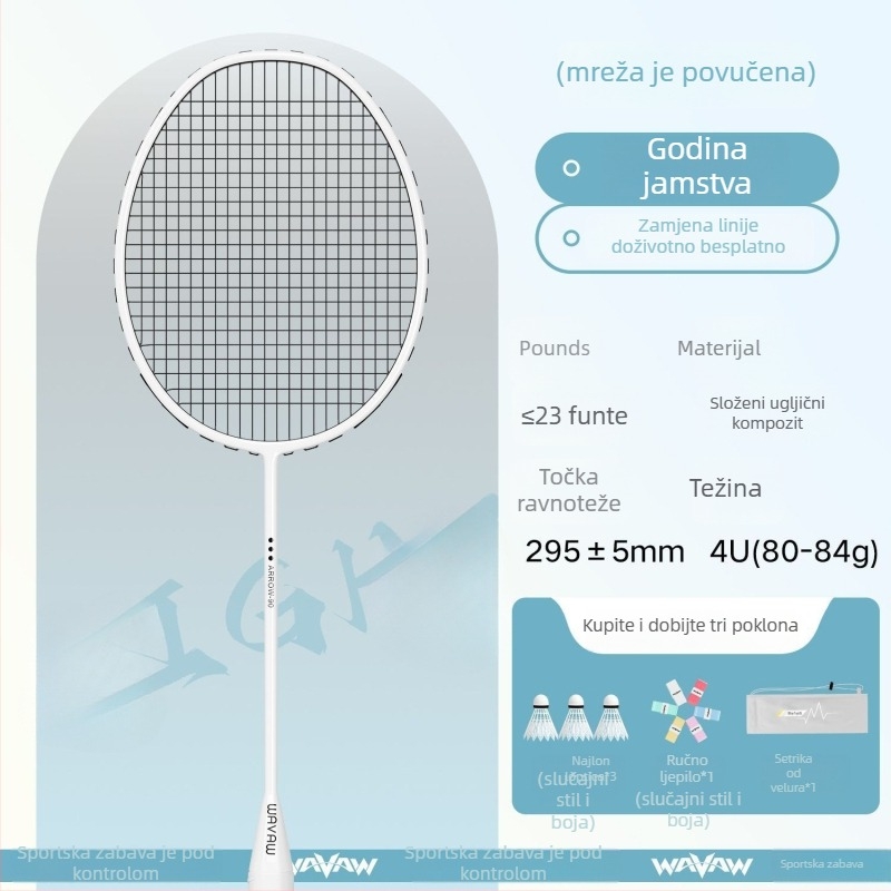 Set badminton reketa s karbonskim vlaknima, ultra lagan, 95–100 g, srednja tvrdoća, najlon strune