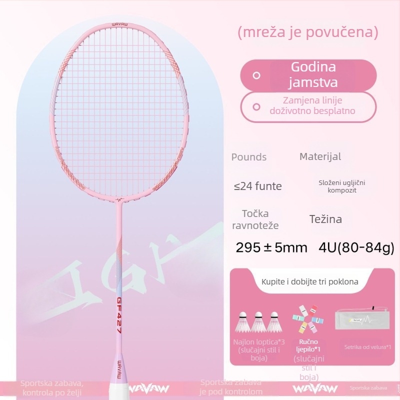 Set badminton reketa s karbonskim vlaknima, ultra lagan, 95–100 g, srednja tvrdoća, najlon strune