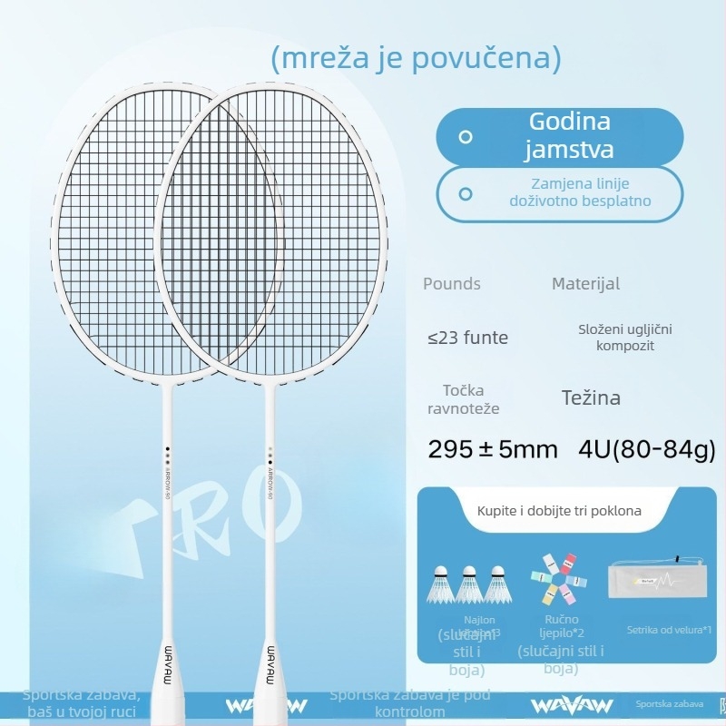 Set badminton reketa s karbonskim vlaknima, ultra lagan, 95–100 g, srednja tvrdoća, najlon strune