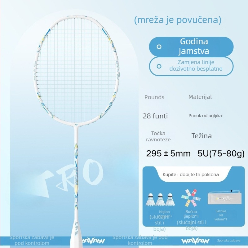 Set badminton reketa s karbonskim vlaknima, ultra lagan, 95–100 g, srednja tvrdoća, najlon strune