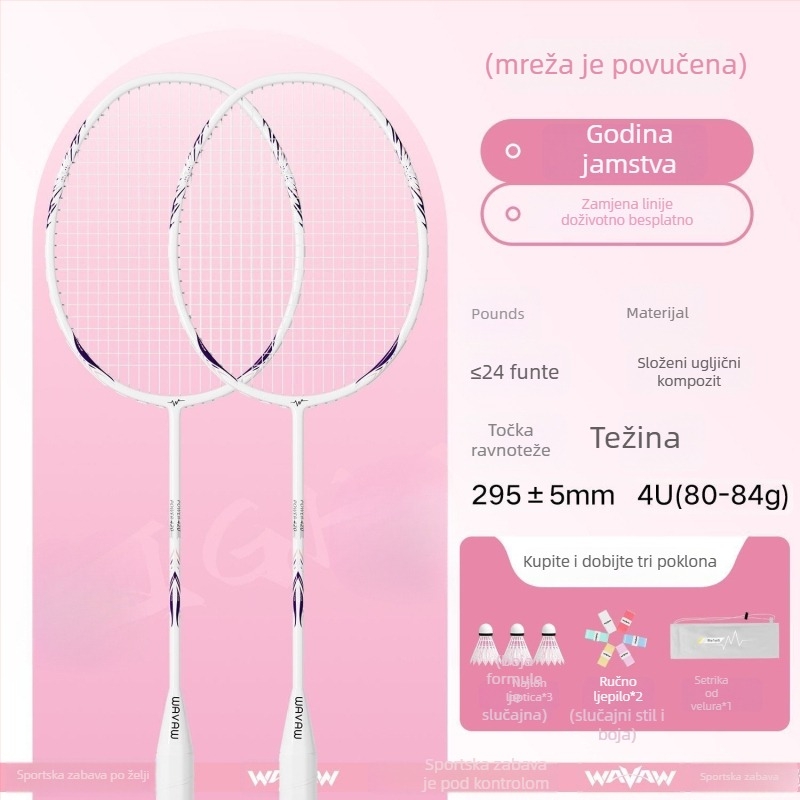 Set badminton reketa s karbonskim vlaknima, ultra lagan, 95–100 g, srednja tvrdoća, najlon strune
